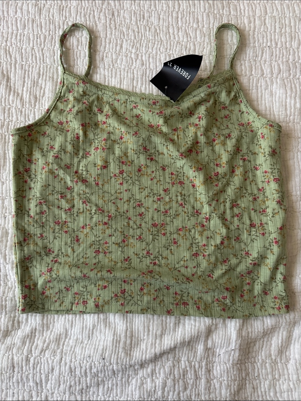 Forever 21 Light Green Floral Ribbed cropped Cami, size L